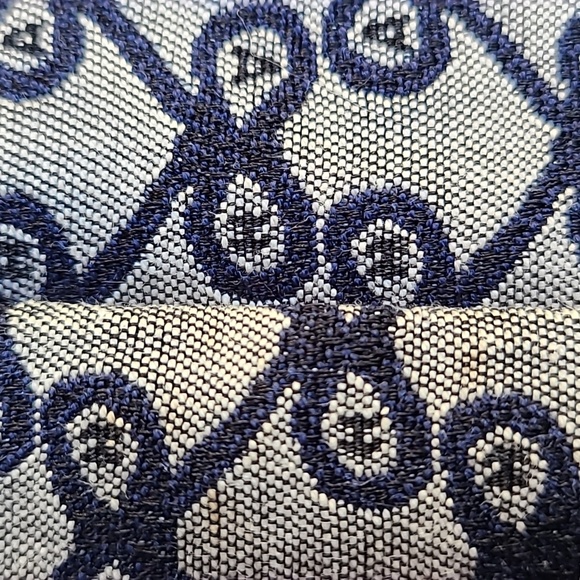 Anya Hindmarch logo blue and gray canvas tote leather handles leather